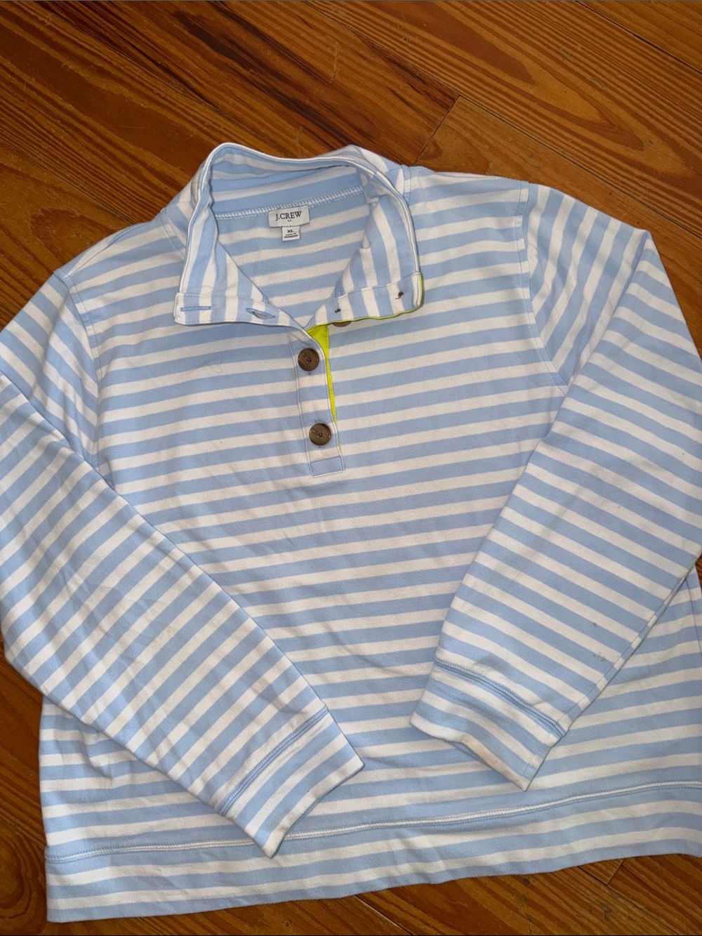 J. Crew Light Blue & White Striped Polo Top with Neon Trim